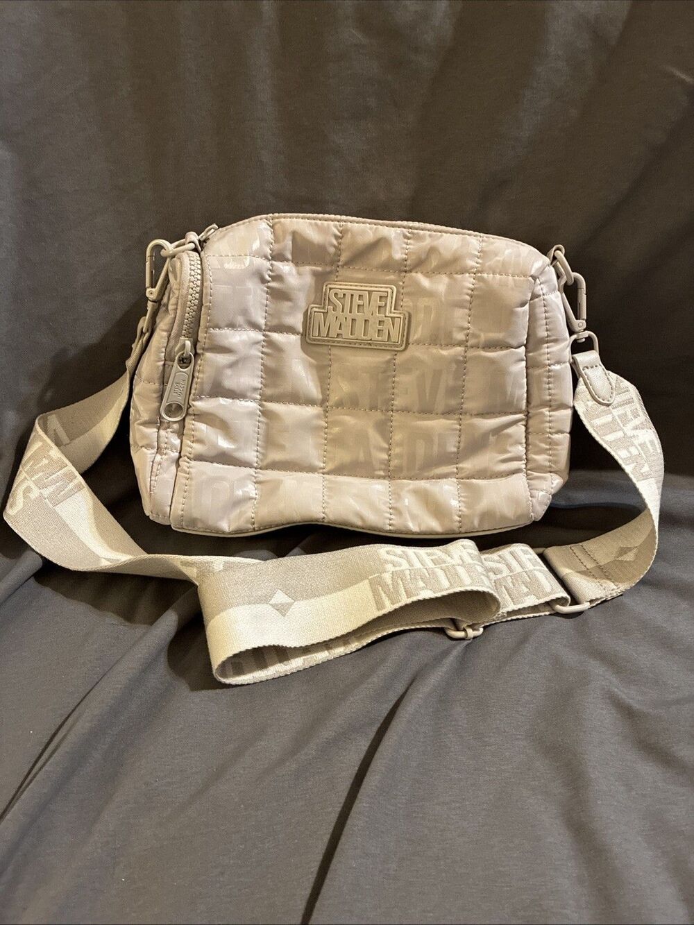 Steve Madden Crossbody All Over Print Logo Quilted Gray